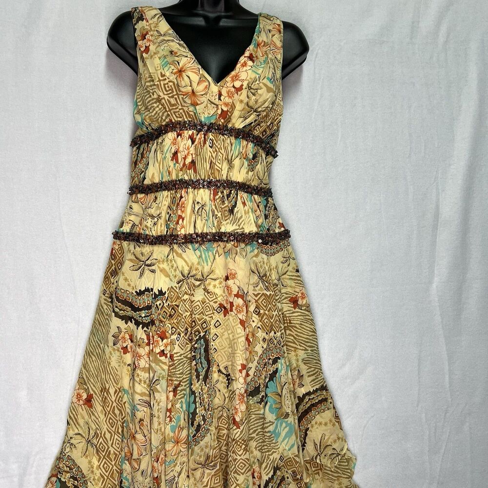 Kay Unger Silk Beaded Boho Handkerchief Hem Dress Size 6 Tropical Hawaiian NWT